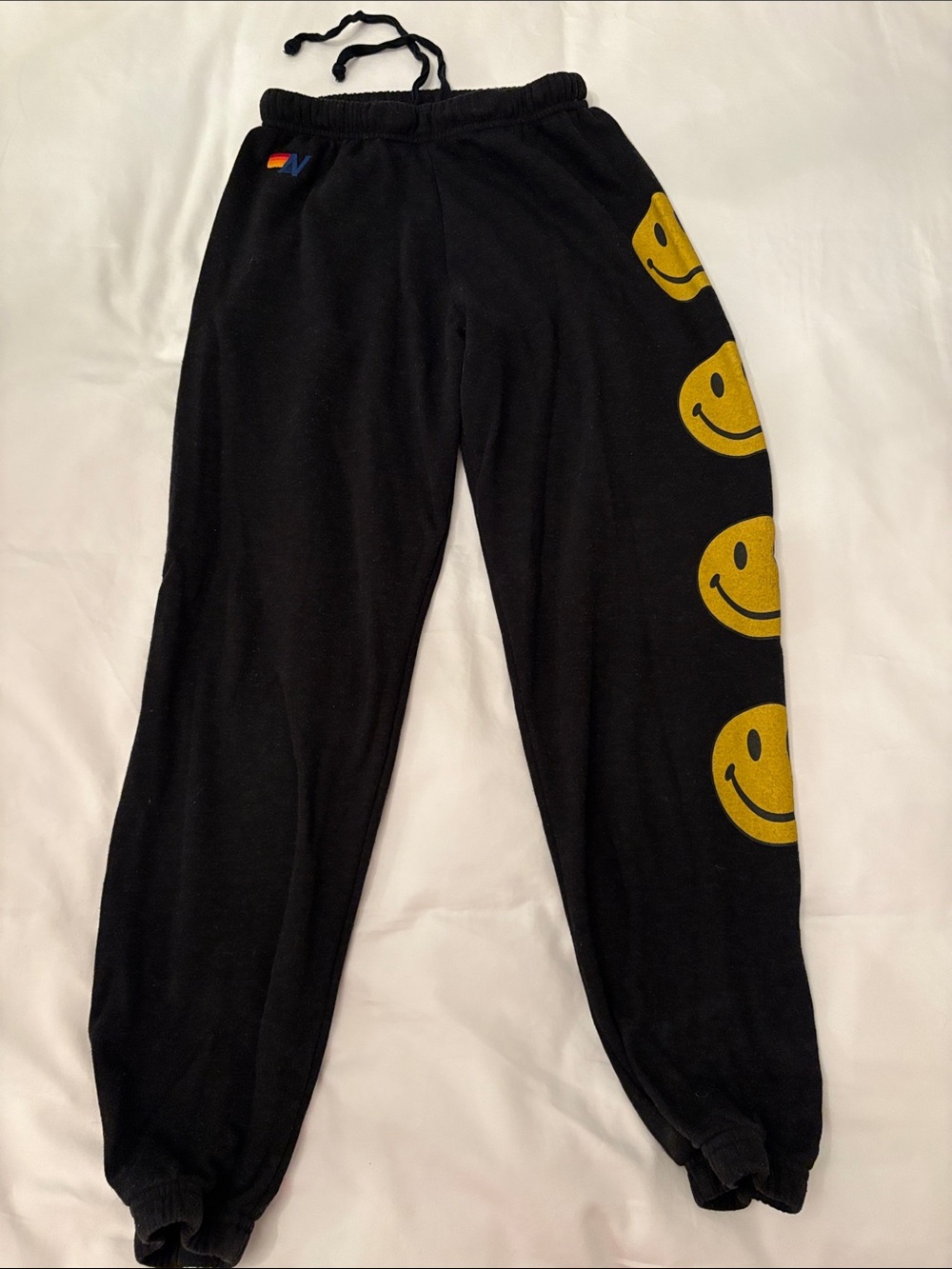 Aviator Nation Black Joggers with Yellow Smiley Faces